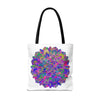 Large black tote bag with a beautiful mandala lotus design, perfect for carrying groceries and everyday essentials