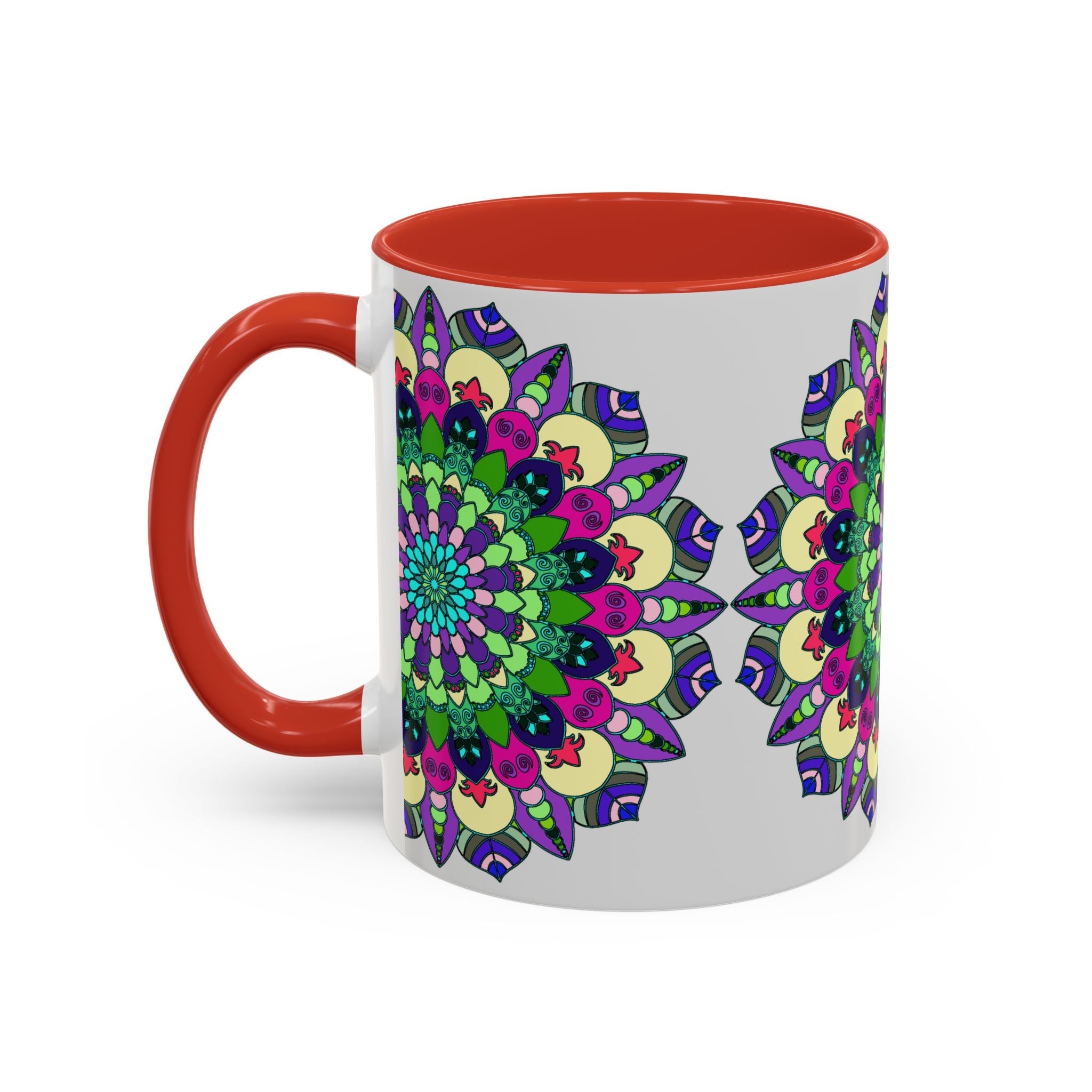 A vibrant and intricate mandala art design adorns this colorful and spiritual mug