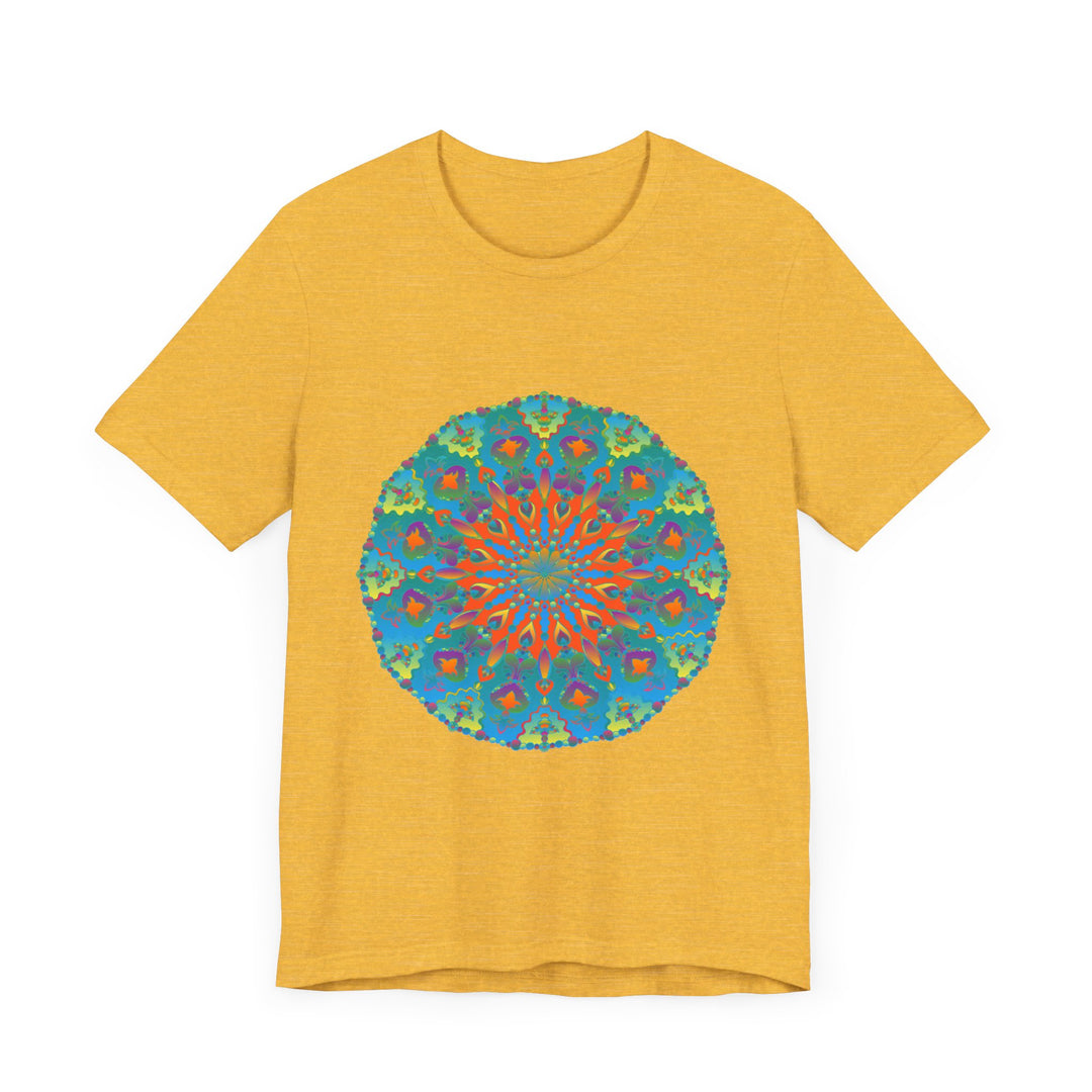 Vibrant and intricate rainbow mandala tee with colorful geometric pattern