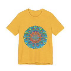 Vibrant and intricate rainbow mandala tee with colorful geometric pattern