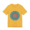 Vibrant and intricate rainbow mandala tee with colorful geometric pattern