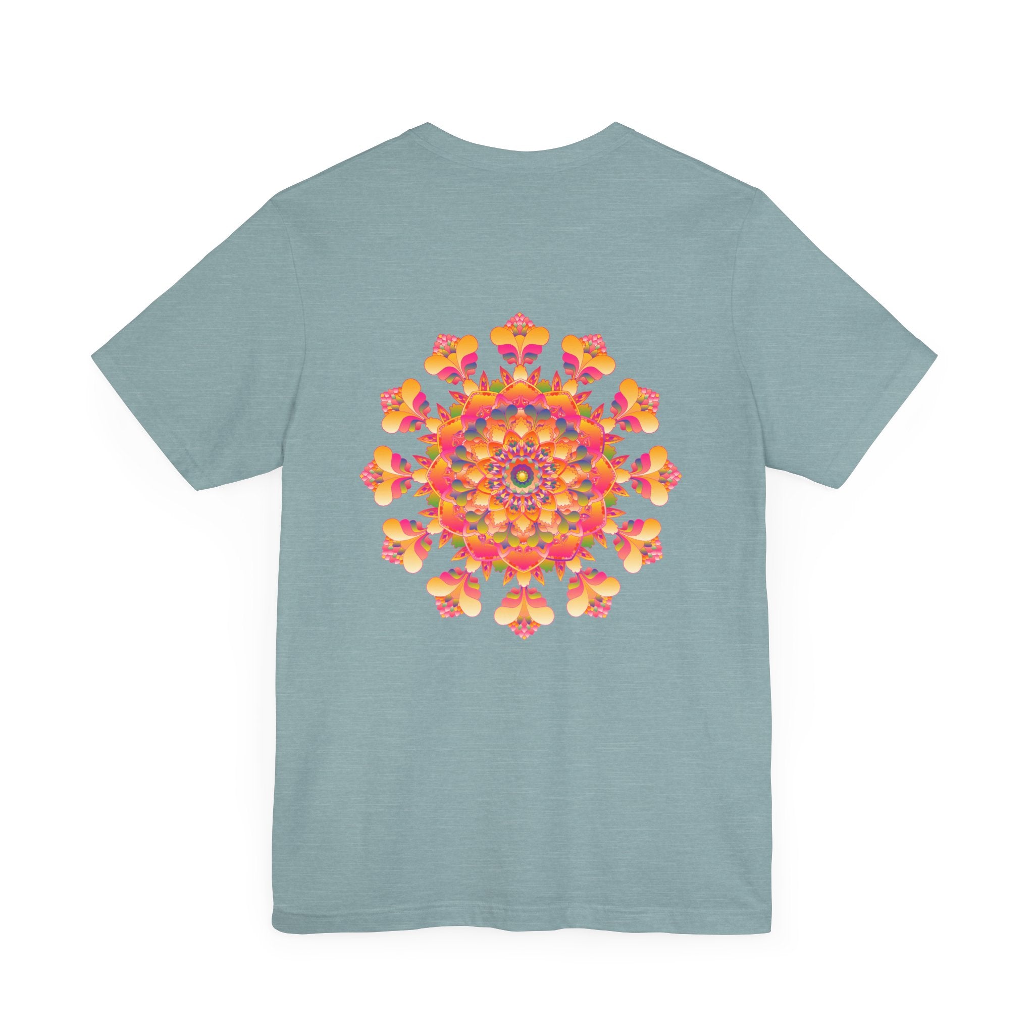 A colorful and intricate mandala design tee representing spiritual peace and harmony