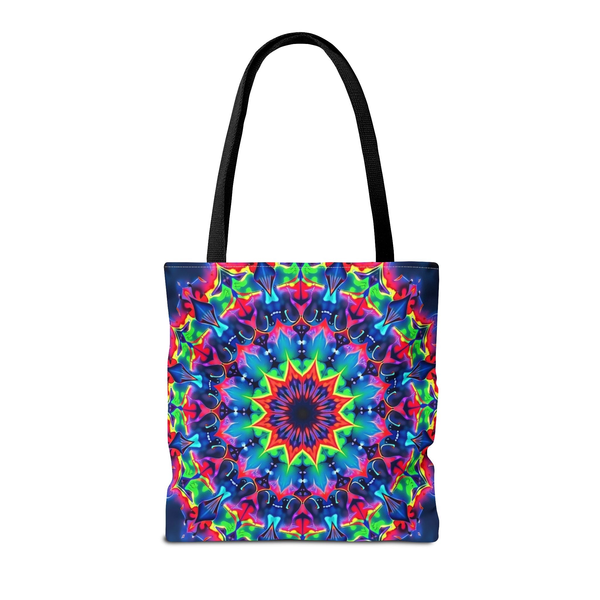 Large colorful tote bag with a vibrant psychedelic mandala design