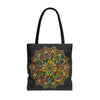 White tote bag with a hand-drawn mandala art design, perfect for carrying everyday essentials and adding a touch of bohemian style to any outfit