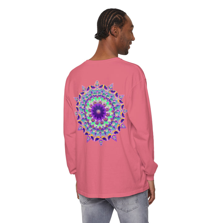 Colorful and intricate psychedelic mandala design on a long sleeve t-shirt