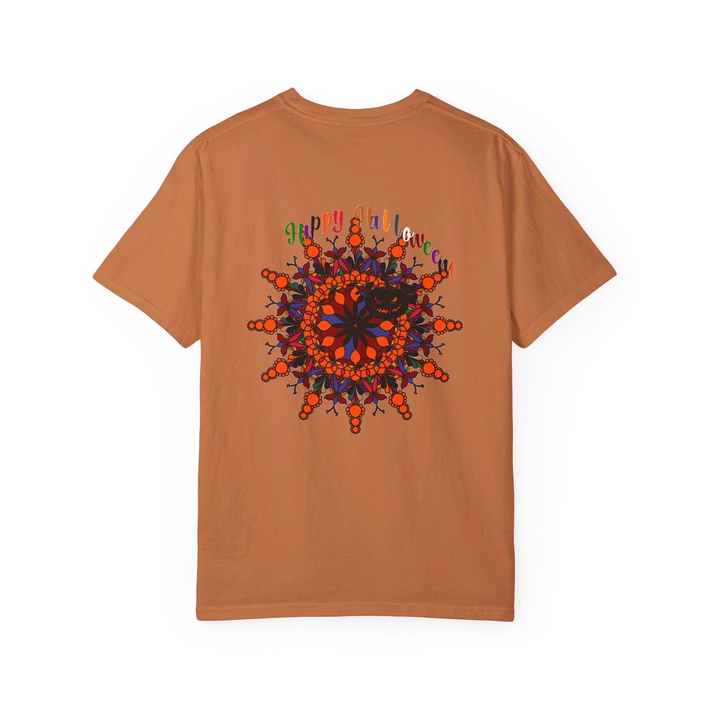 Halloween Mandala T-shirt Unisex - Handmade Pumpkin Mandala Art - Garment-Dyed Tee, perfect for spooky season celebrations and unique fashion statements