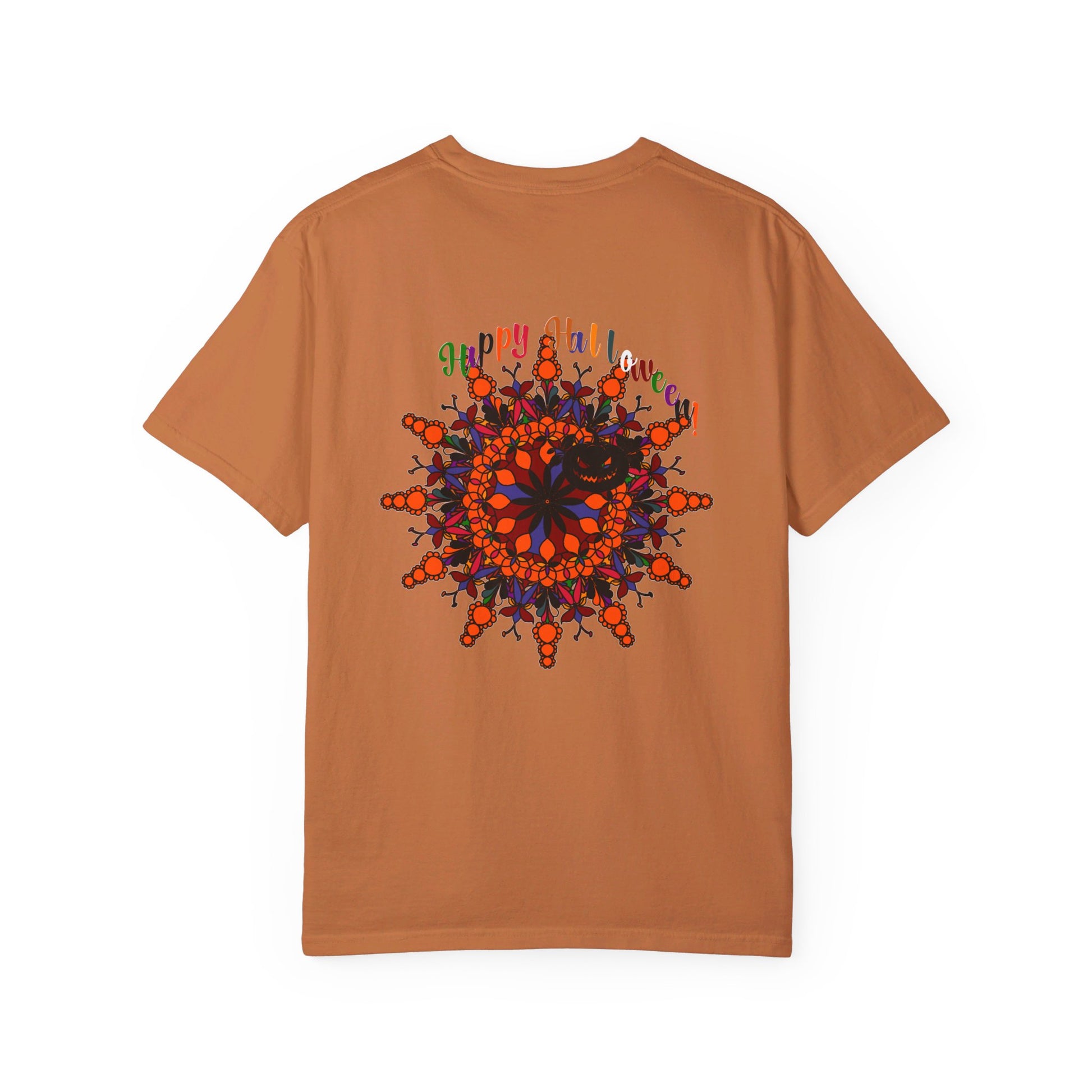 Halloween Mandala T-shirt Unisex - Handmade Pumpkin Mandala Art - Garment-Dyed Tee, perfect for spooky season celebrations and unique fashion statements