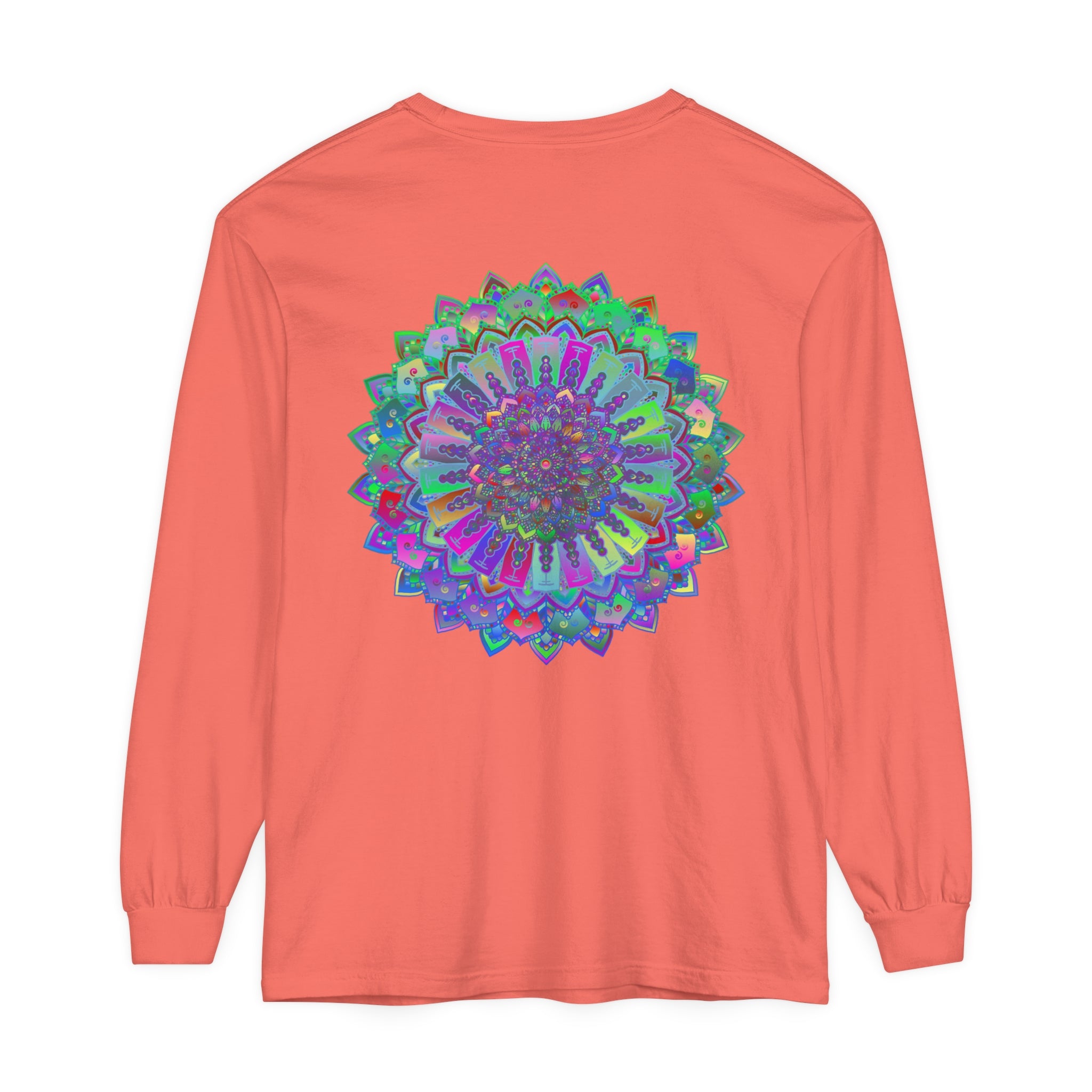 A close-up image of a colorful and intricate mandala pattern on a long sleeve T-shirt