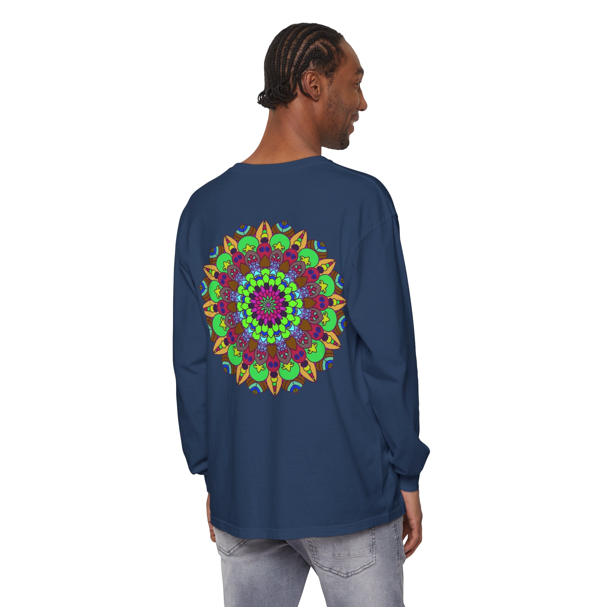 Vibrant and intricate mandala design featured on unisex long sleeve t-shirt