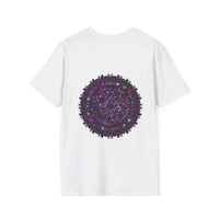 Softstyle unisex t-shirt with hand-drawn purple mandala art design