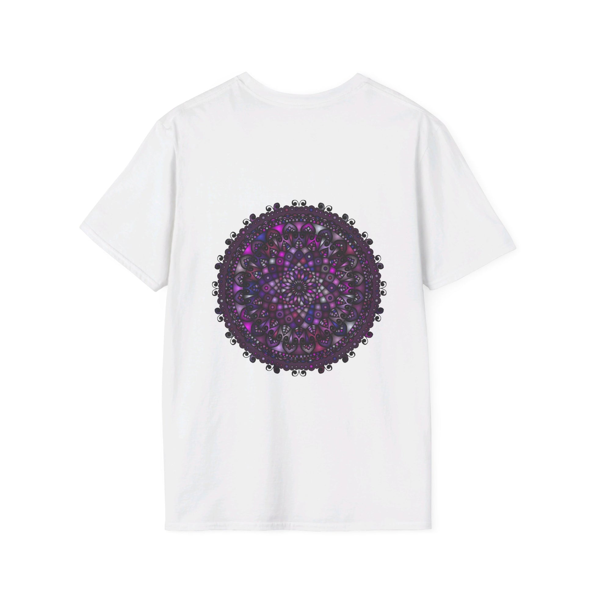 Softstyle unisex t-shirt with hand-drawn purple mandala art design