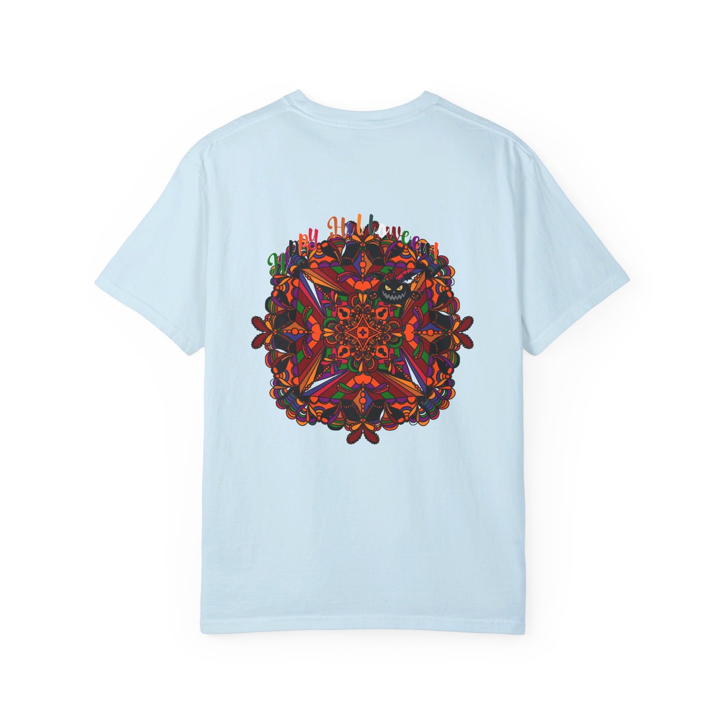 Handmade unisex Halloween Mandala T-shirt featuring intricate pumpkin mandala art on a garment-dyed tee