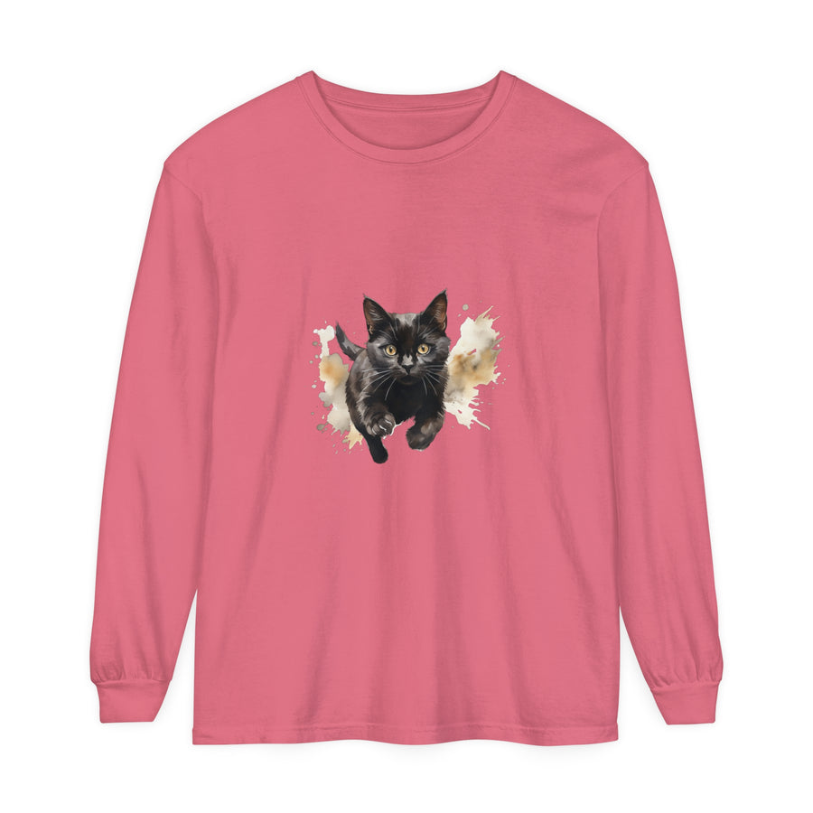 Black Cat Watercolor Sprint Unisex T-Shirt, a vibrant and artistic tee perfect for cat lovers and art enthusiasts, featuring a unique watercolor cat design in bold black and white colors