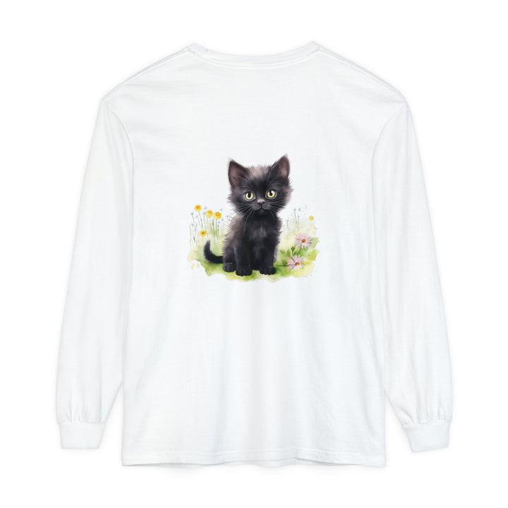 A cute black kitten playing in a colorful flower garden printed on a long sleeve t-shirt