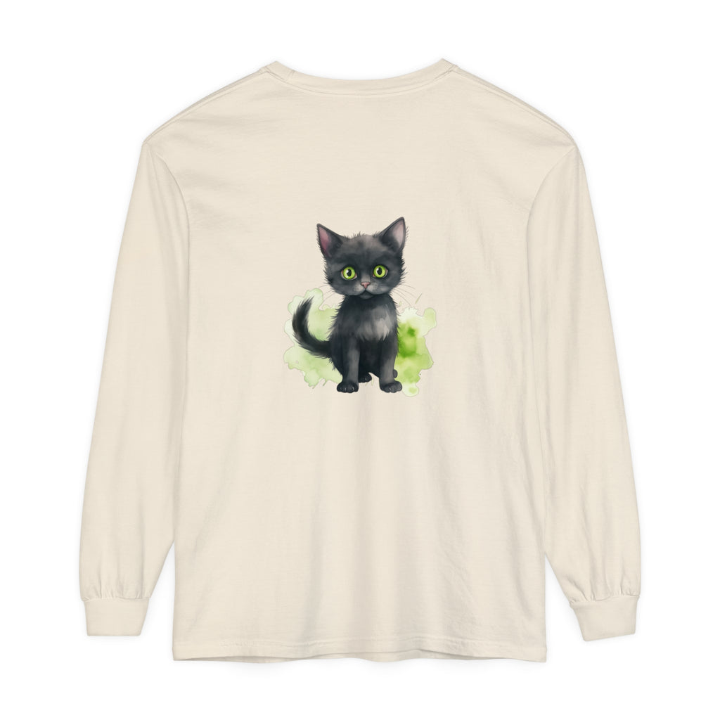 Black cat watercolor long sleeve t-shirt with vibrant, detailed feline design