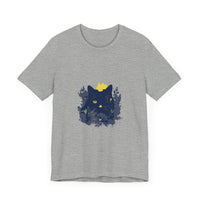 A black t-shirt featuring a mysterious black cat surrounded by whimsical flowers