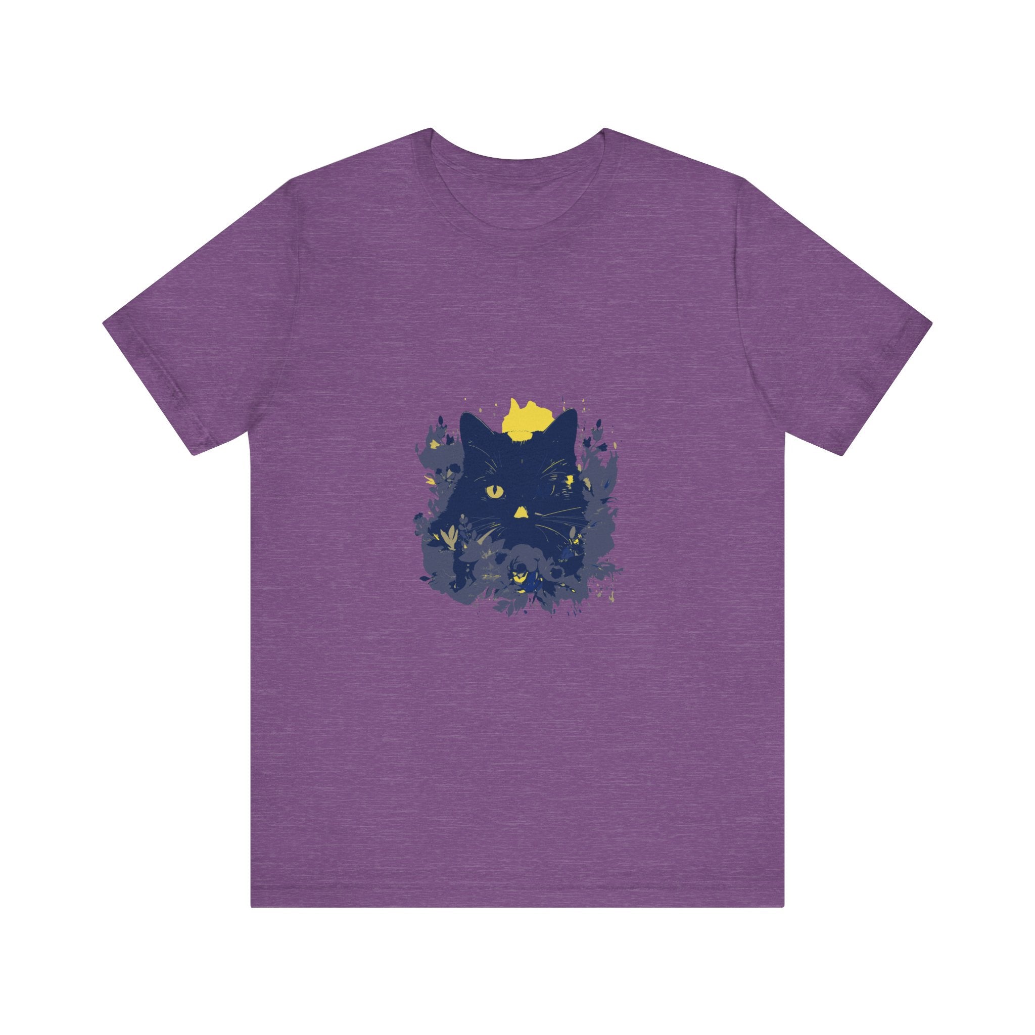 A black cat with a mischievous expression wearing a t-shirt featuring whimsical flowers