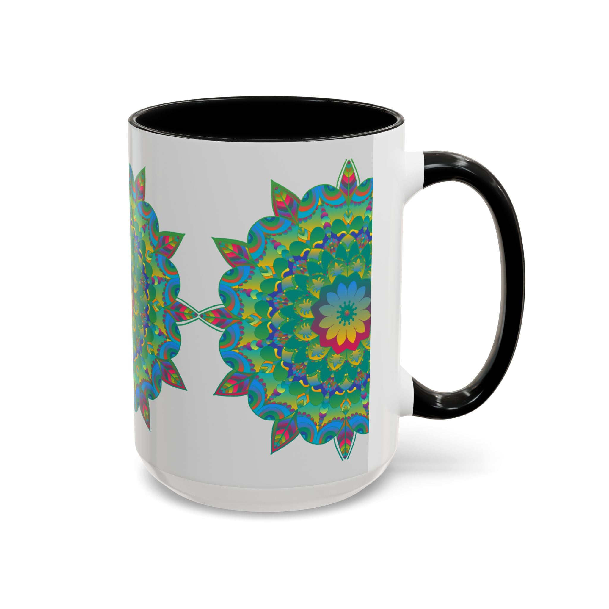 Handcrafted ceramic mug featuring a vibrant mandala art design with colorful floral elements