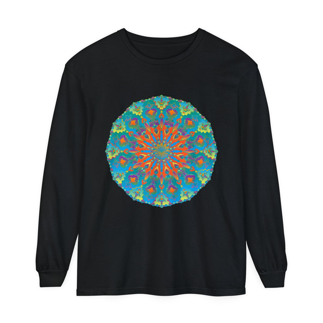 Colorful long sleeve t-shirt featuring a vibrant rainbow mandala design