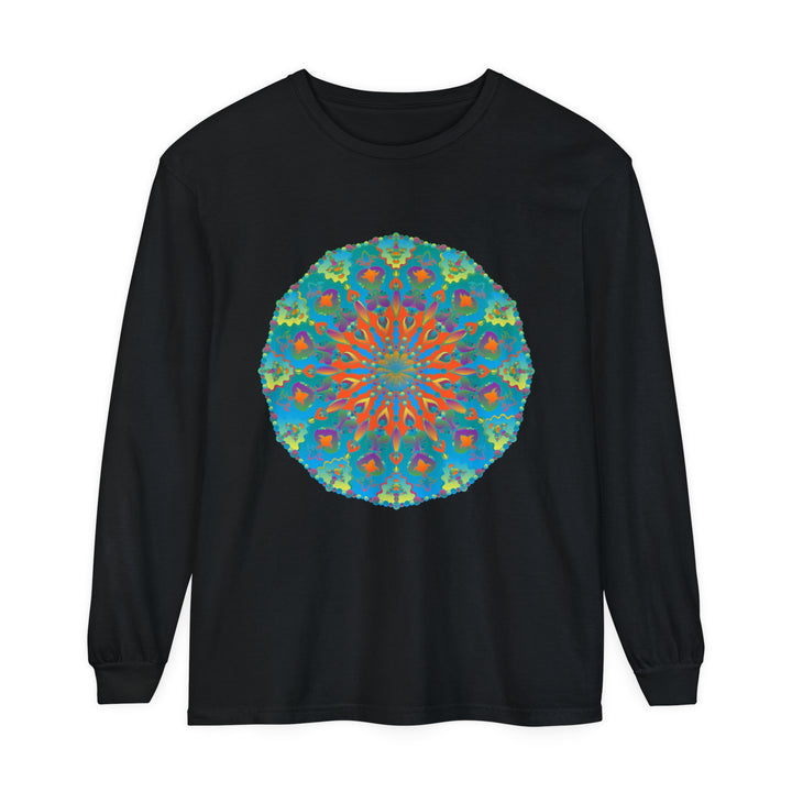 Colorful long sleeve t-shirt featuring a vibrant rainbow mandala design