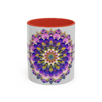 Handcrafted Mandala Art Mug with Vibrant and Intricate Colors on a Grey Background, Perfect for Enjoying Your Favorite Beverages
