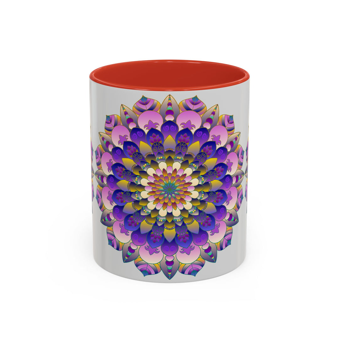 Handcrafted Mandala Art Mug with Vibrant and Intricate Colors on a Grey Background, Perfect for Enjoying Your Favorite Beverages