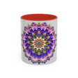 Handcrafted Mandala Art Mug with Vibrant and Intricate Colors on a Grey Background, Perfect for Enjoying Your Favorite Beverages