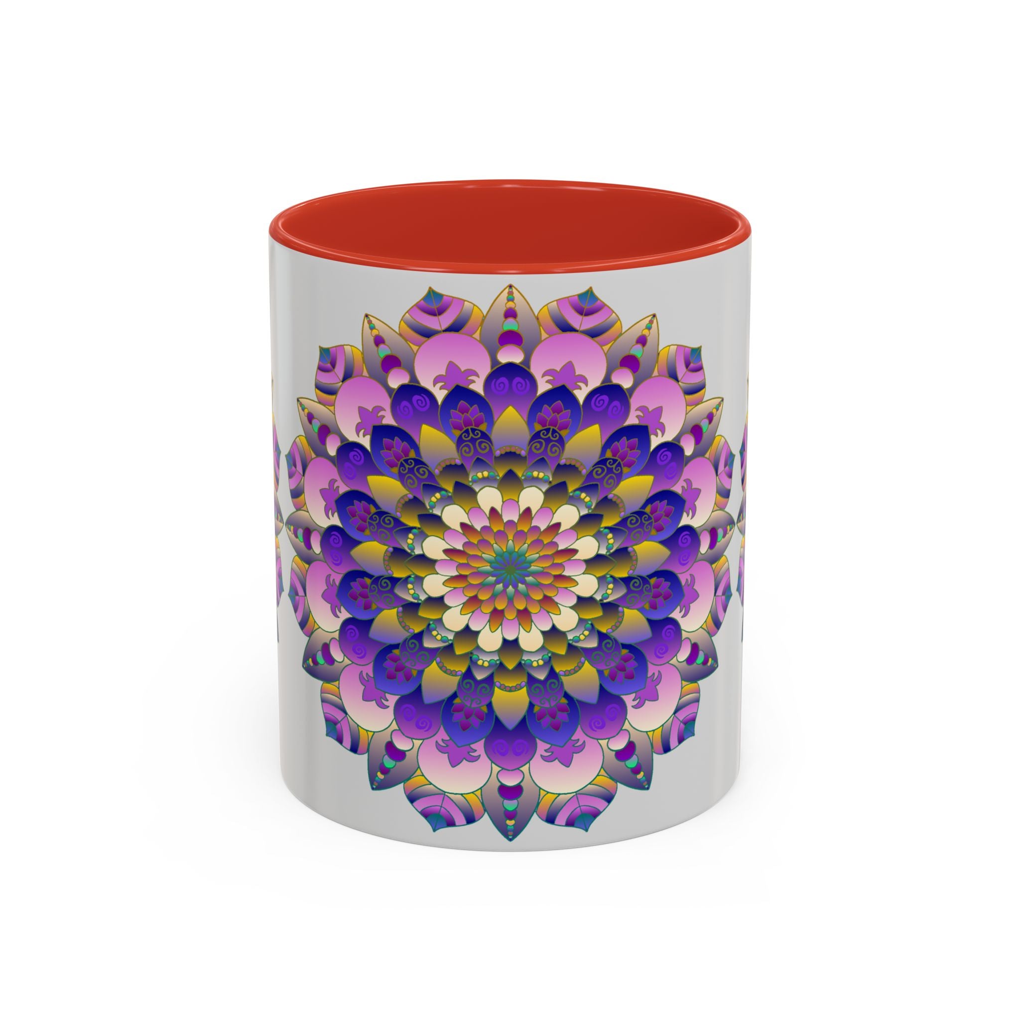 Handcrafted Mandala Art Mug with Vibrant and Intricate Colors on a Grey Background, Perfect for Enjoying Your Favorite Beverages