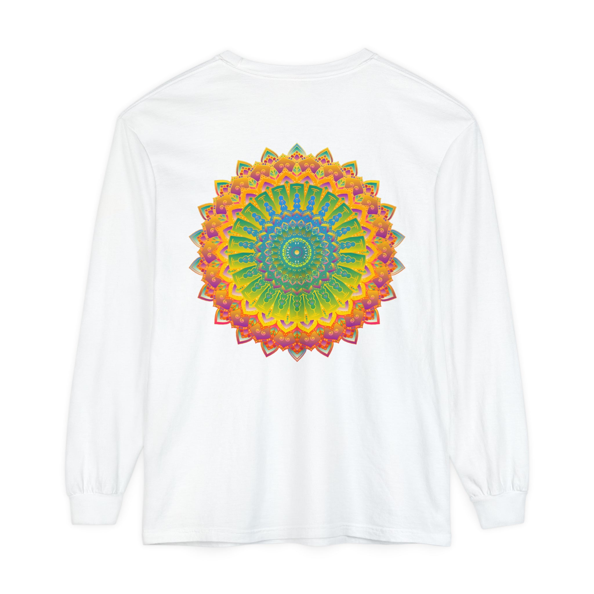 Intricate Mandala Unisex Long Sleeve T-Shirt featuring detailed mandala design in vibrant colors