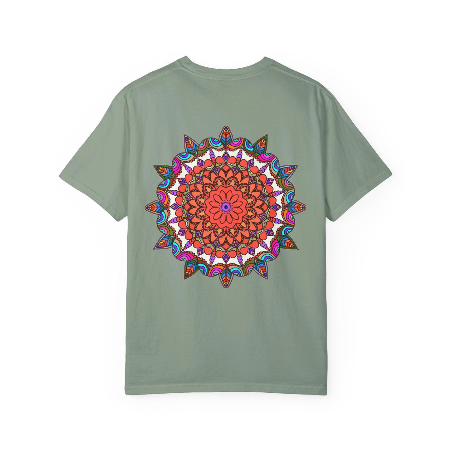 Unisex mandala t-shirt made of 100% ring-spun cotton, featuring hand-drawn mandala art and garment-dyed for extra comfort