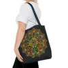 Colorful hand-drawn mandala art tote bag with all-over print design