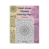 Book titled 'Hand-drawn Mandala Coloring Pages Volume 6' with mandala designs on a pink and yellow gradient background.