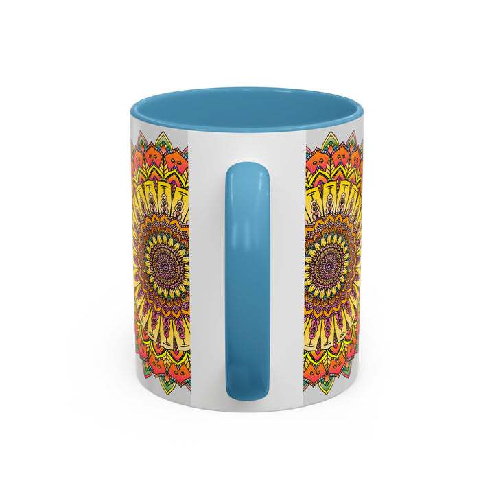 Grey mug with colorful and intricate mandala design in vibrant colors