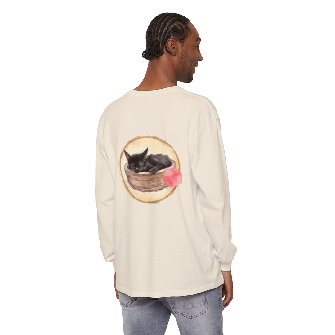 Watercolor illustration of a cute and peaceful sleeping cat in a bowl on a long sleeve t-shirt