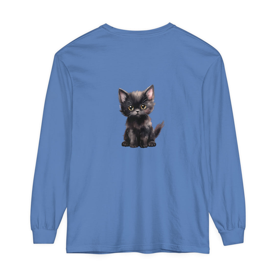 Adorable black kitten with bright yellow eyes printed on a long sleeve t-shirt