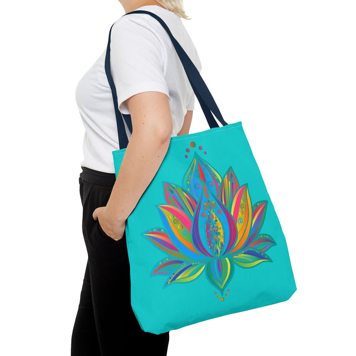 Beautiful azure blue Mandala Lotus Tote Bag with intricate design and spacious interior for a stylish and practical accessory