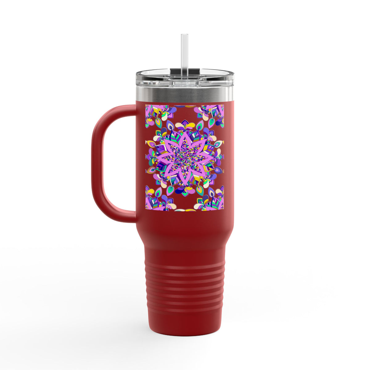 40oz Insulated Travel Mug — Purple Floral Mandala Design