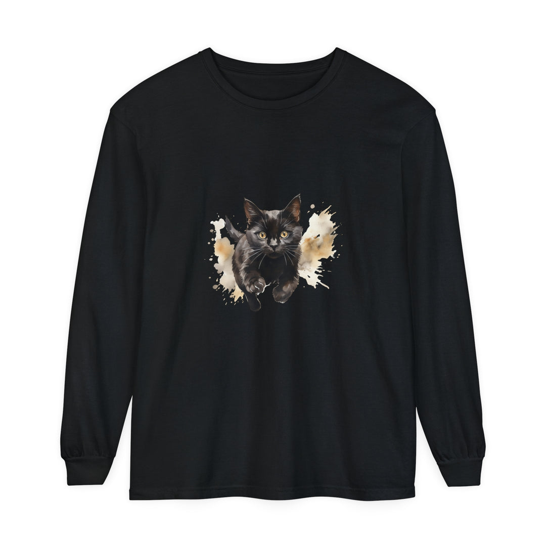 Black Cat Watercolor Sprint Unisex T-Shirt featuring a vibrant watercolor print