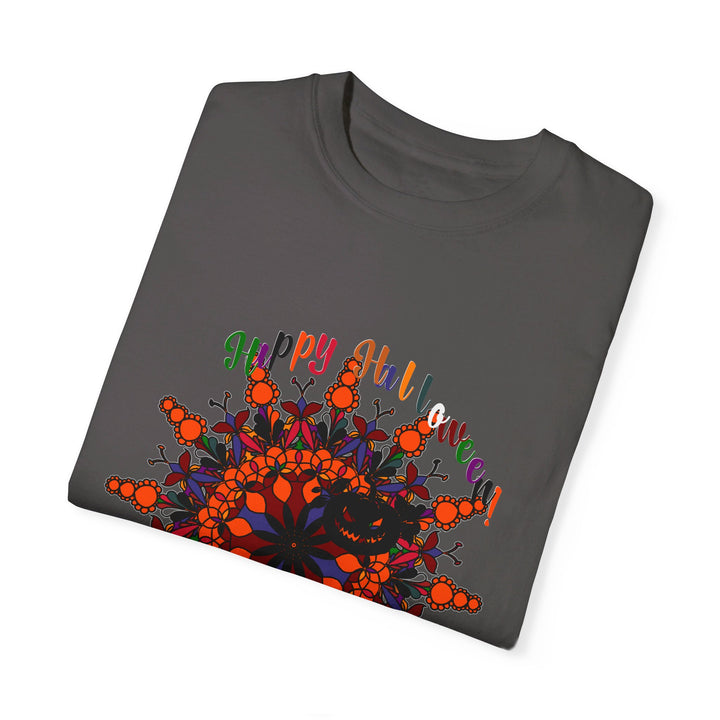 Unisex Halloween Mandala T-shirt featuring a hand-drawn pumpkin mandala design, on a garment-dyed tee, perfect for spooky season