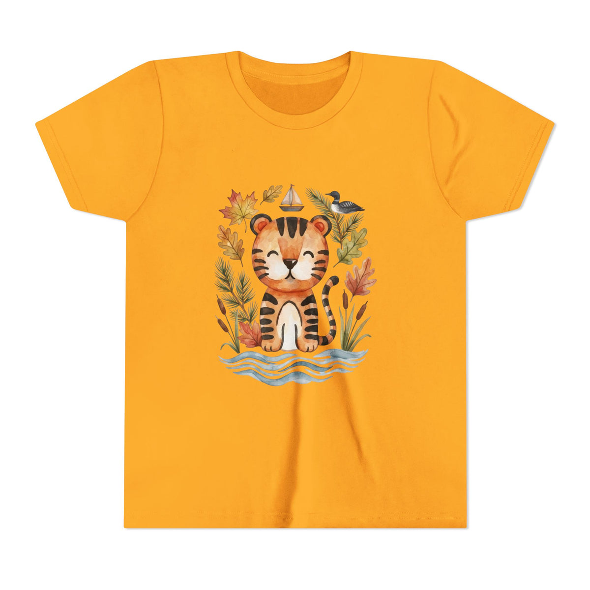 Kids Tiger Lake Ontario Tee — Watercolor Autumn Sailboat & Leaves Youth Short Sleeve Tee
