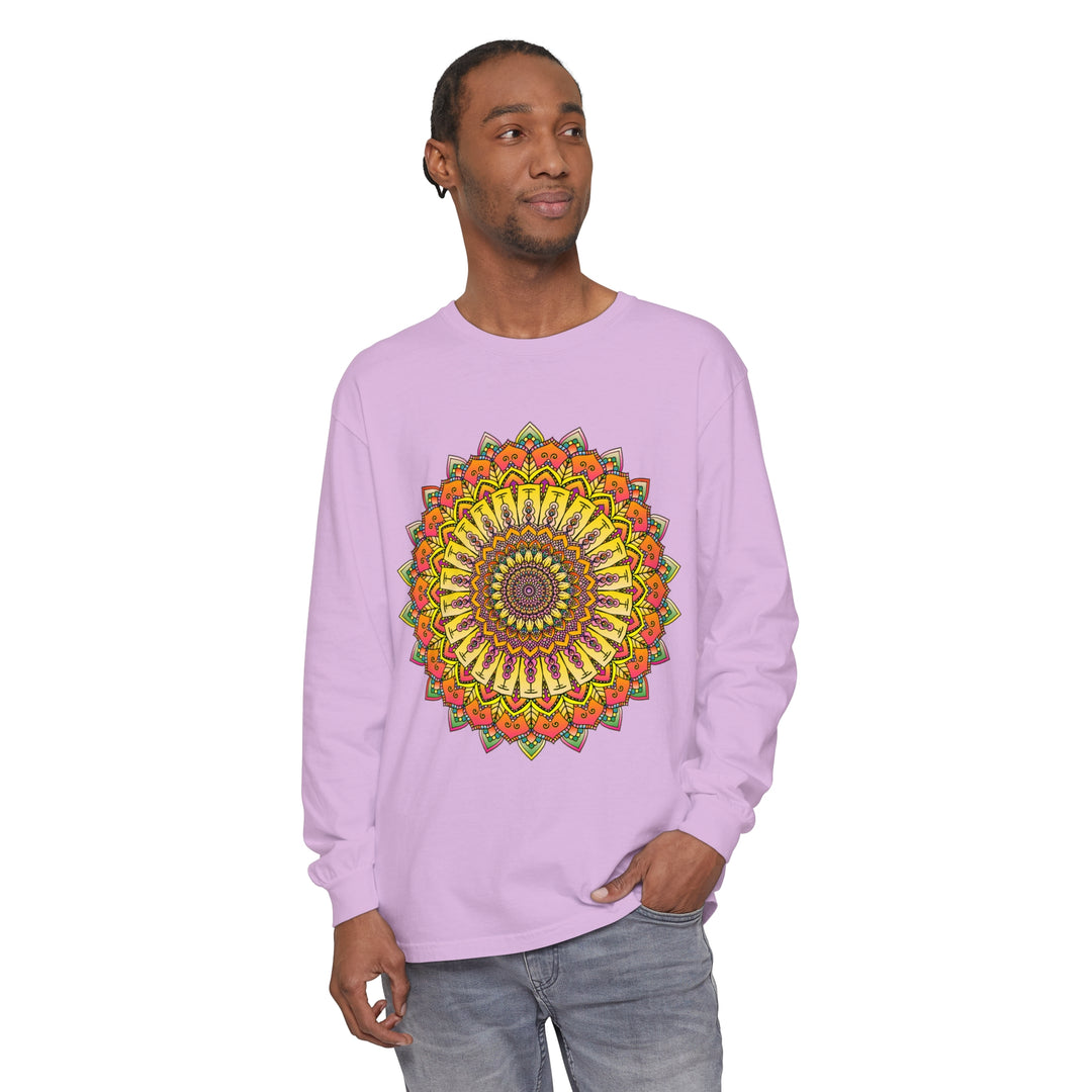 Intricate Mandala Unisex Long Sleeve T-Shirt in vibrant colors and intricate design