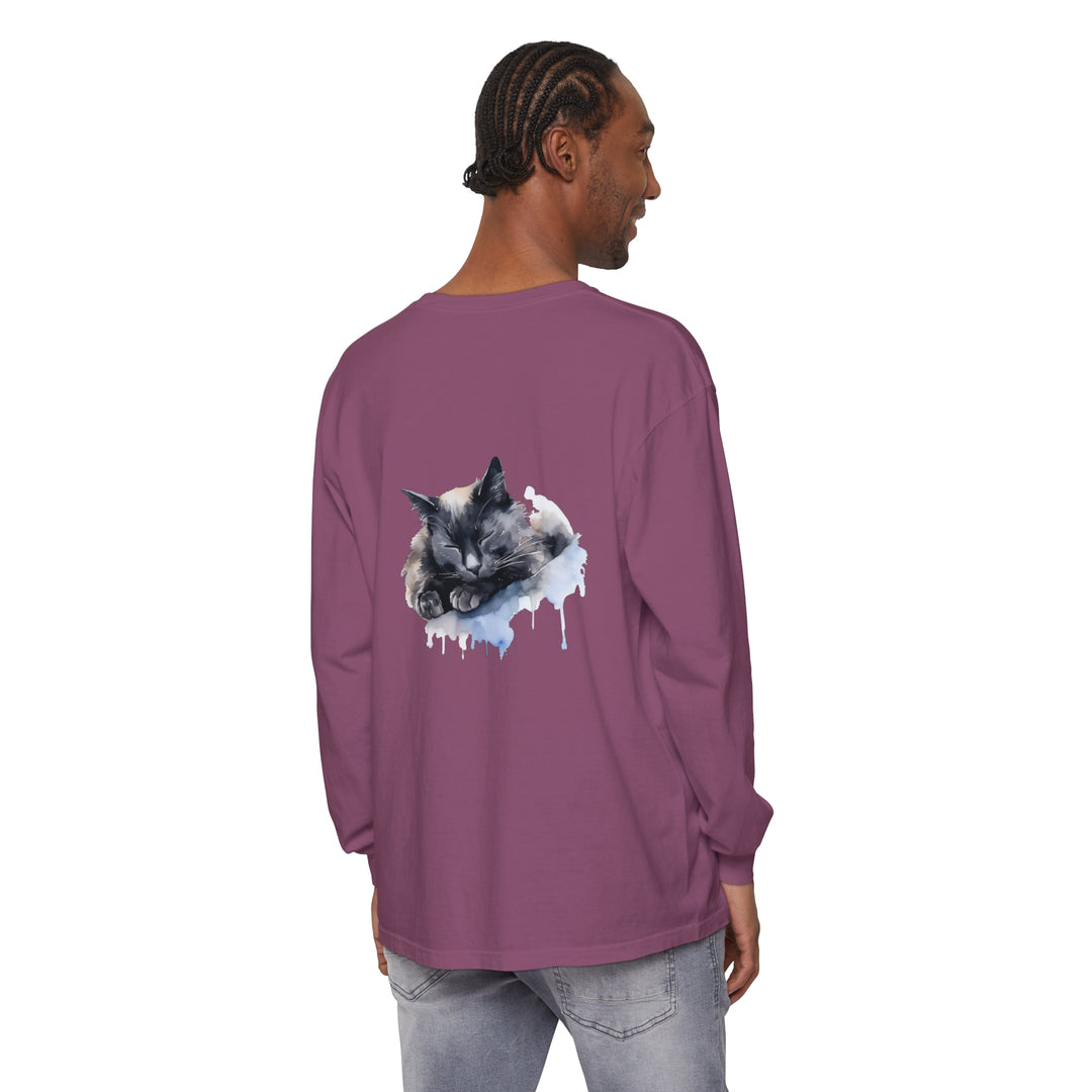 A detailed watercolor illustration of a sleeping cat on a t-shirt