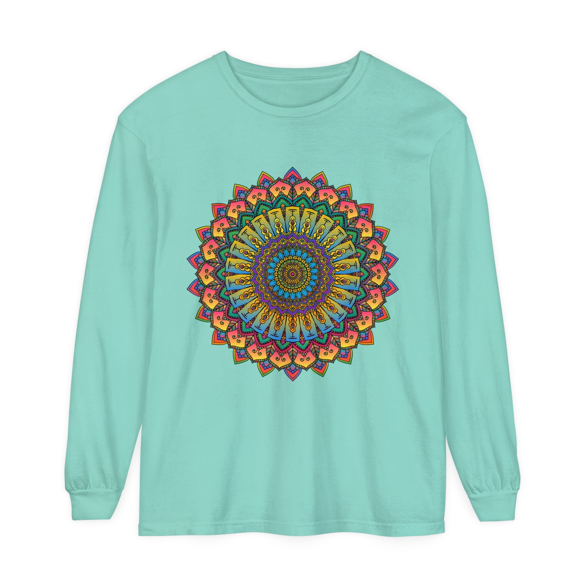 A beautiful and detailed mandala design adorns this unisex long sleeve t-shirt