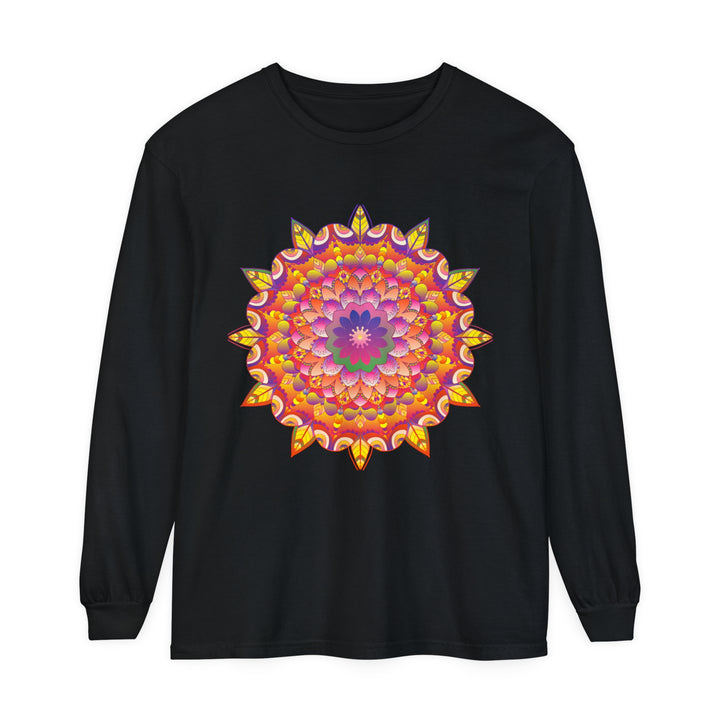 A close-up image of a vibrant mandala design on a unisex long sleeve t-shirt