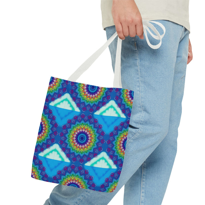 Large, vibrant, and intricately designed mandala tote bag in various bold colors