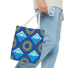 Large, vibrant, and intricately designed mandala tote bag in various bold colors