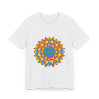 Vibrant Mandala Tee with a Colorful Geometric Design in Various Shades