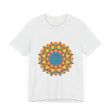 Vibrant Mandala Tee with a Colorful Geometric Design in Various Shades