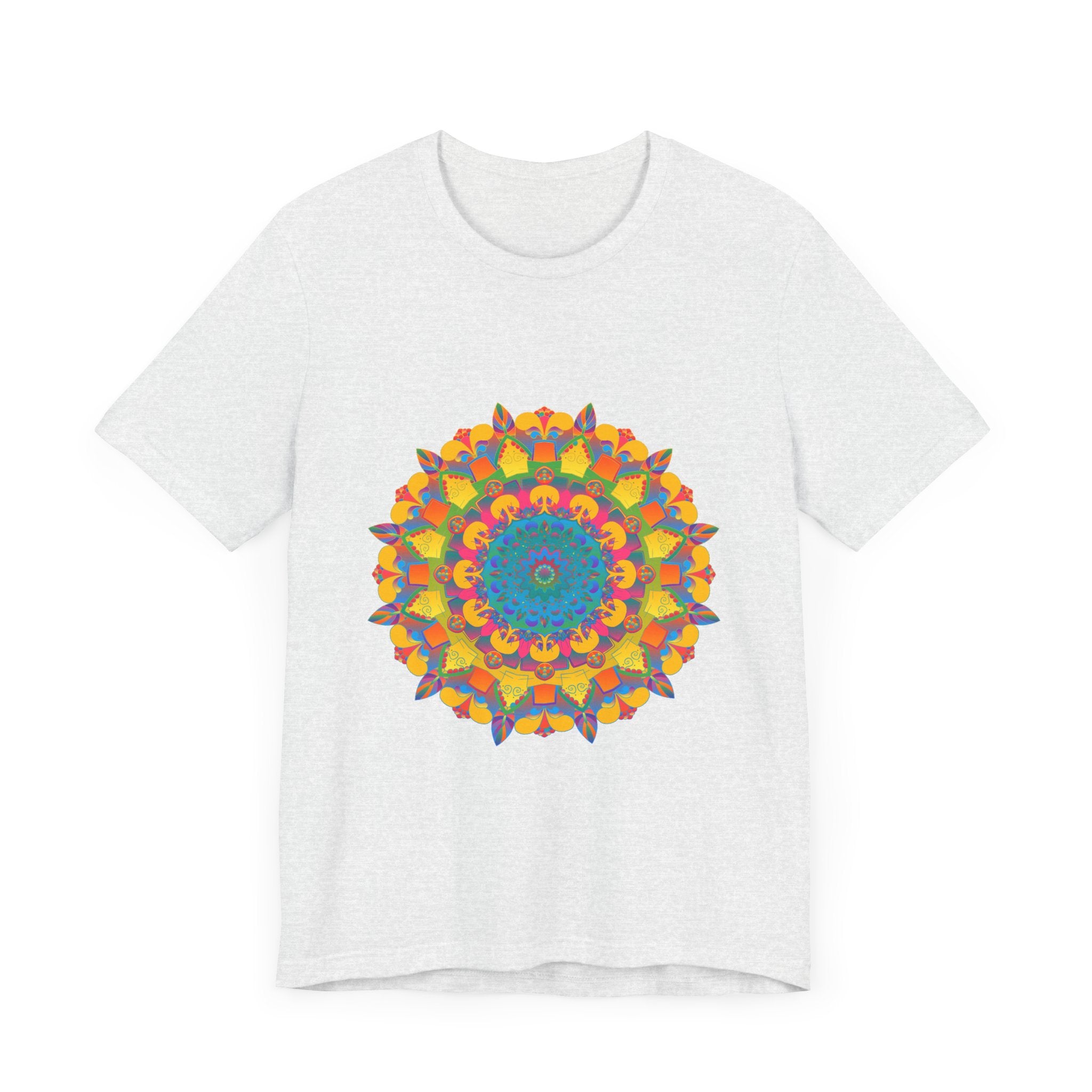 Vibrant Mandala Tee with a Colorful Geometric Design in Various Shades