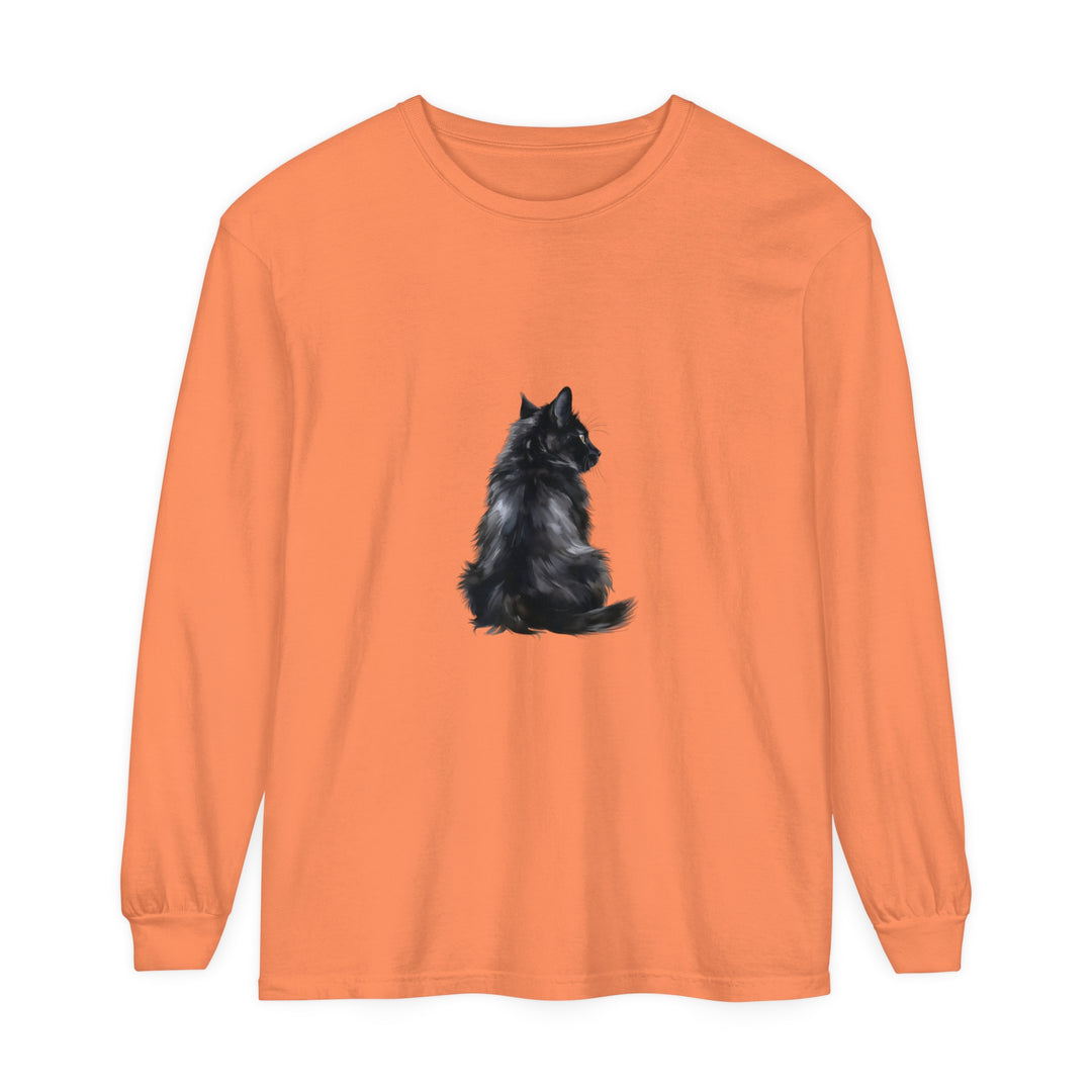 Black Cat Mystique Long Sleeve T-Shirt with intricate cat design and flowing sleeves